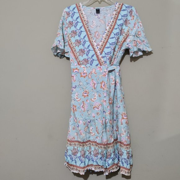 Light Blue Multicolored Floral Short Sleeve V-Neck Boho Womens Wrap Tie Dress - Picture 2 of 5